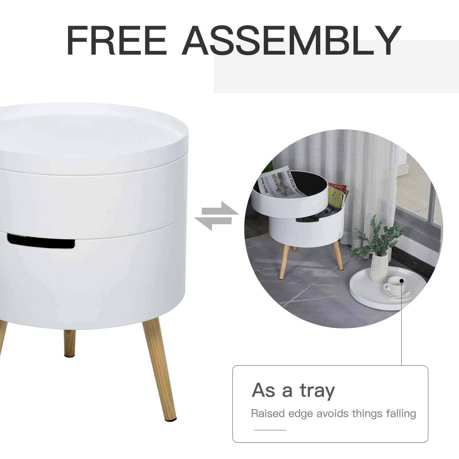 HOMCOM Side Coffee Table End Desk Night Stand Storage with Detachable Tray in White 4