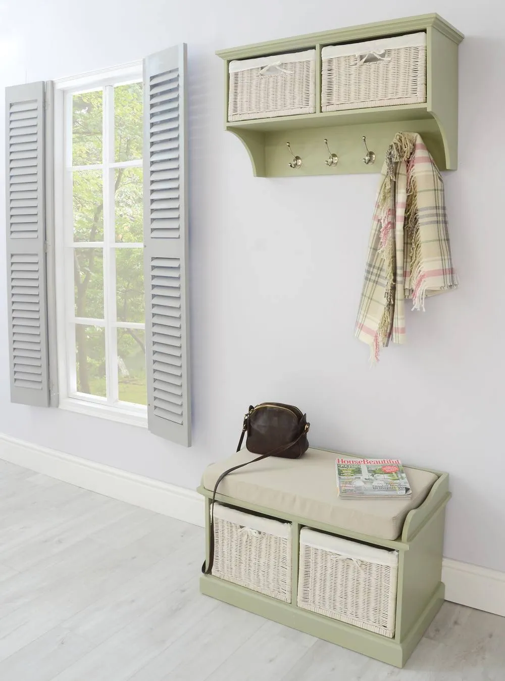 Statement Furniture Tetbury Small Hallway Coat Rack / Shelf with Wicker Storage Baskets in Light Green 6
