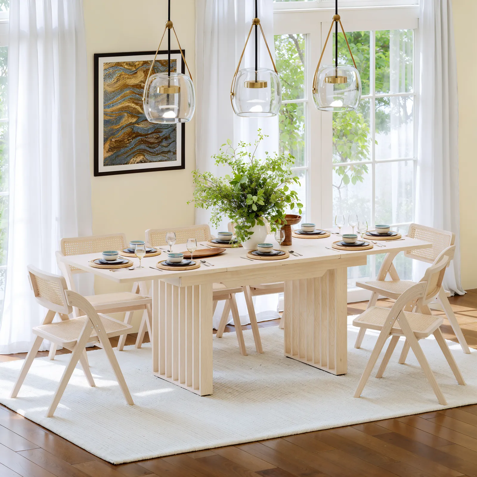 140 - 220 cm Rectangle Extendable Dining Table for 8 Person Japandi Whitewash Dining Room Table