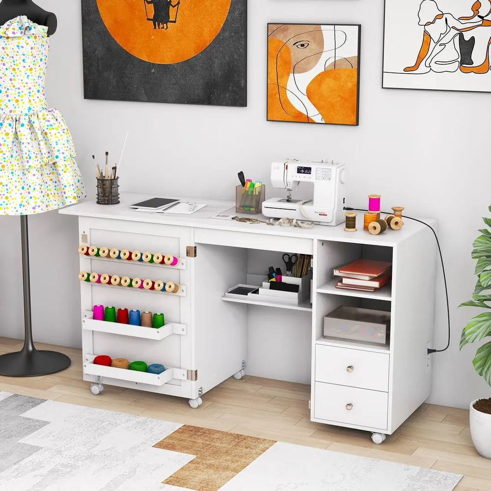 Costway Folding Sewing Table w/Charging Station Sewing Machine Cart Table-White in White 2