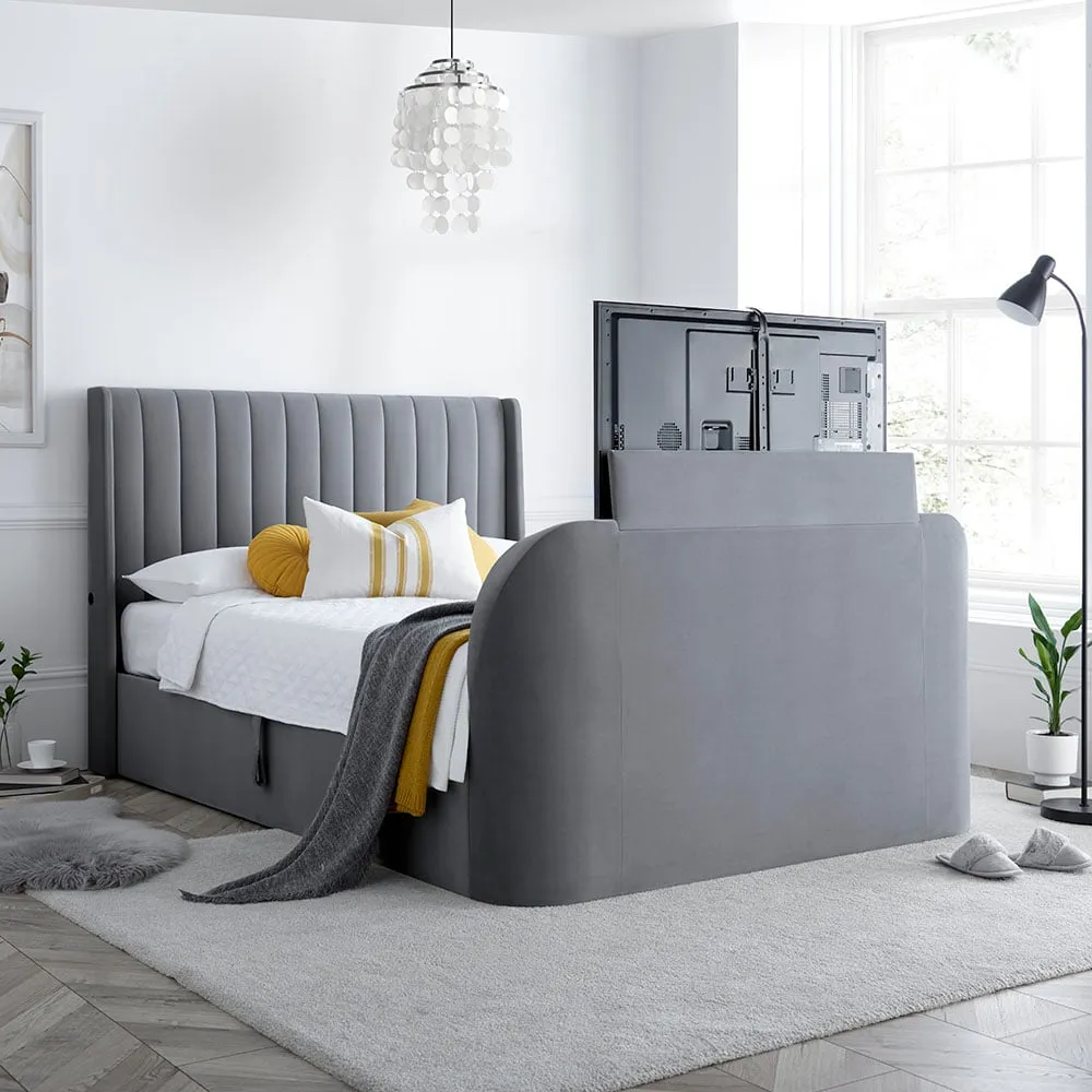Luther - Double - Electric Winged Ottoman Storage TV Bed - Grey - Velvet - 4ft6 - Happy Beds