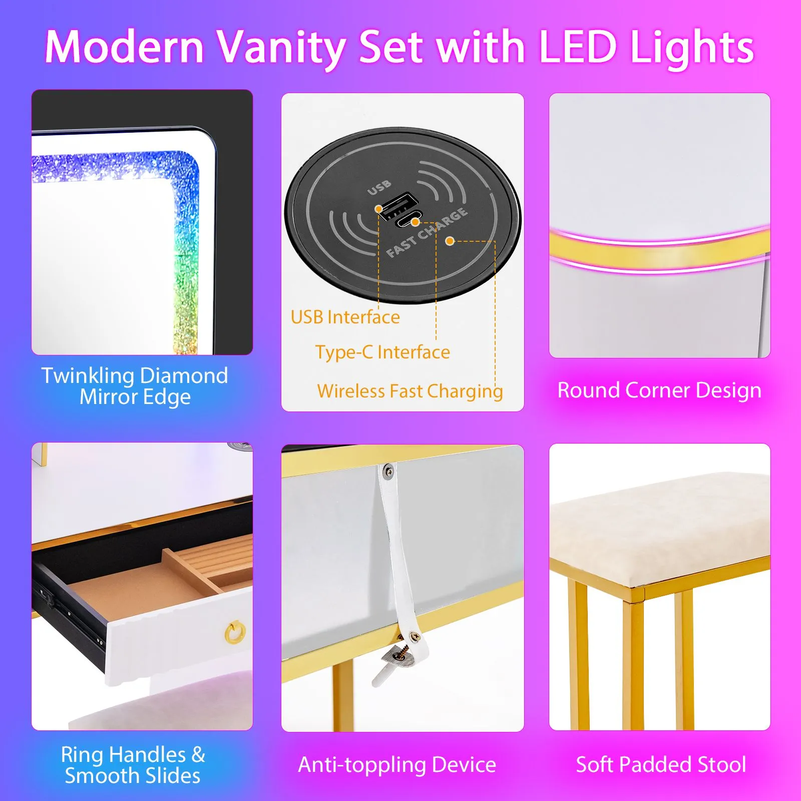 Costway RGB Vanity Table Set Bedroom Dressing Table w/ Mirror & Lights in White 3