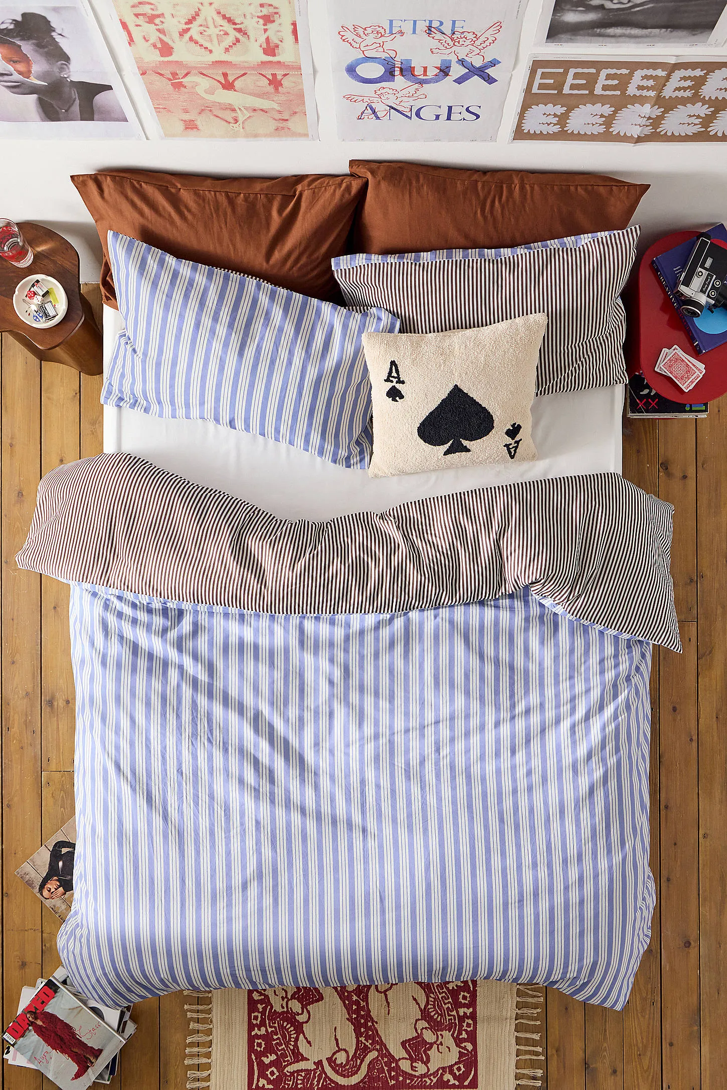 Blue & Brown Stripe Reversible Duvet Set - Blue