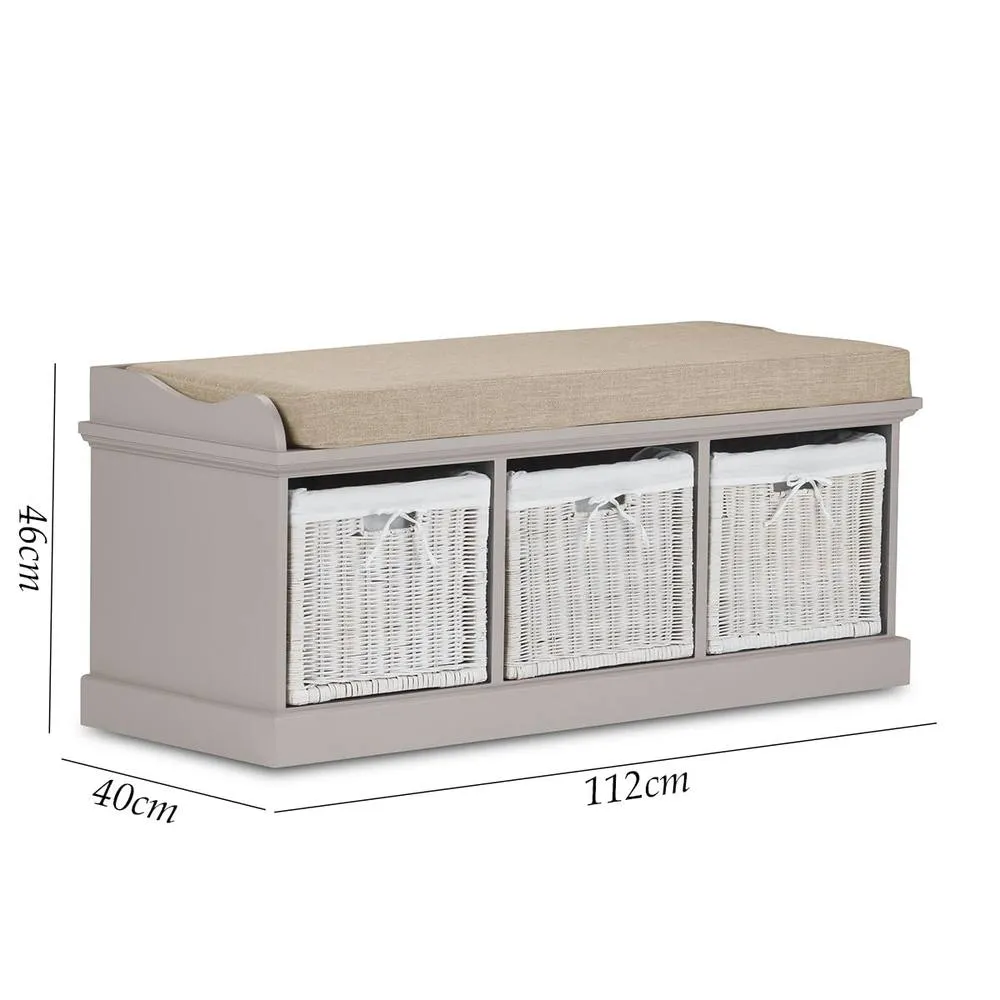 Statement Furniture Tetbury Bench with 3 White Wicker Baskets & Cream Cushion in Taupe 2