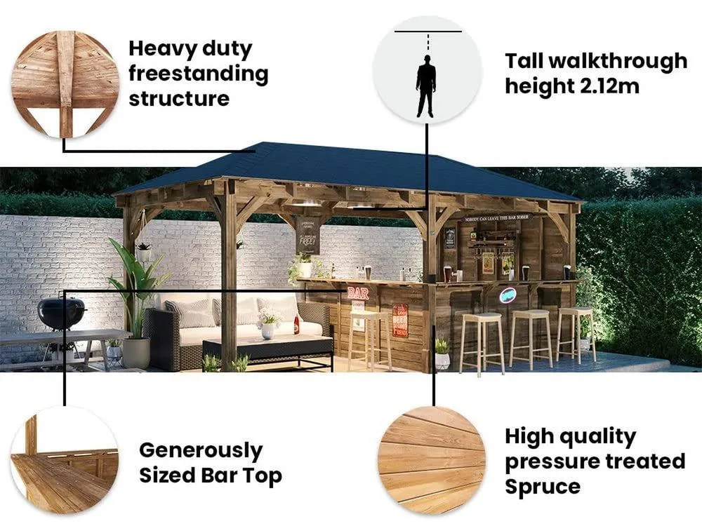 Dunster House Garden Bar 6m x 3m Outdoor Pub Shed with Counter Leviathan Side Wall in Brown 4