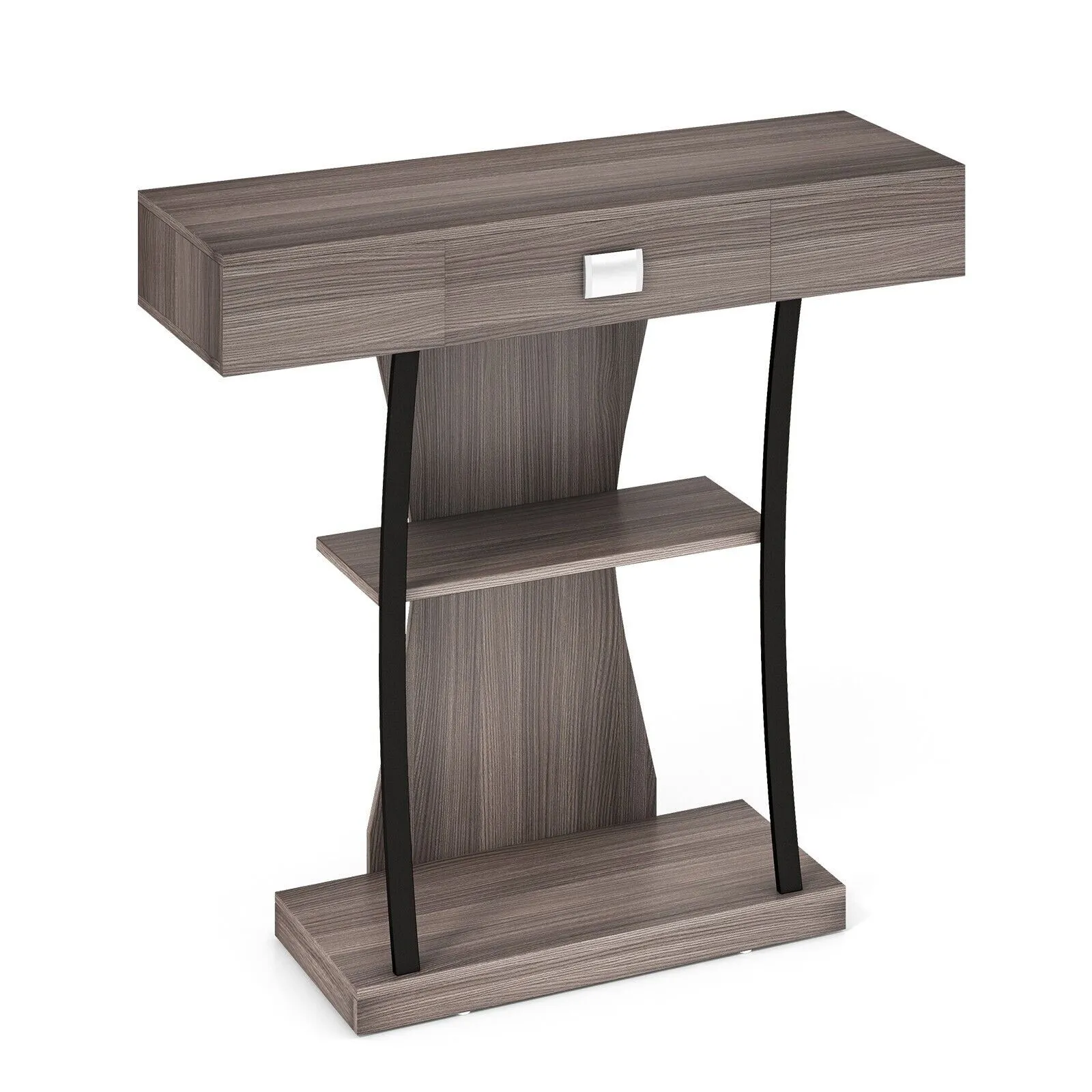 Costway T Shaped Industrial Console Table Narrow Sofa Side Table Entryway Display Shelves in Grey 3