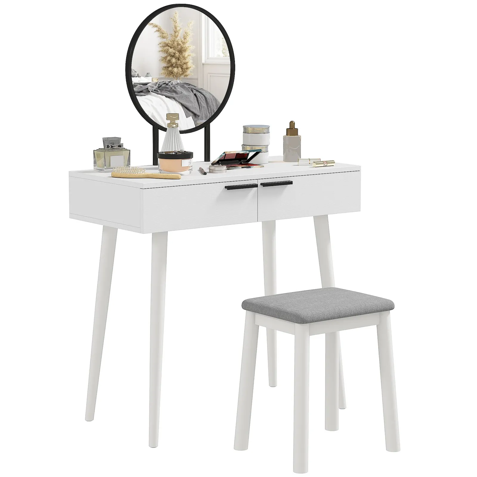 HOMCOM Vanity Table Set Dressing Desk Cushioned Stool Drawer Makeup Table in White 2