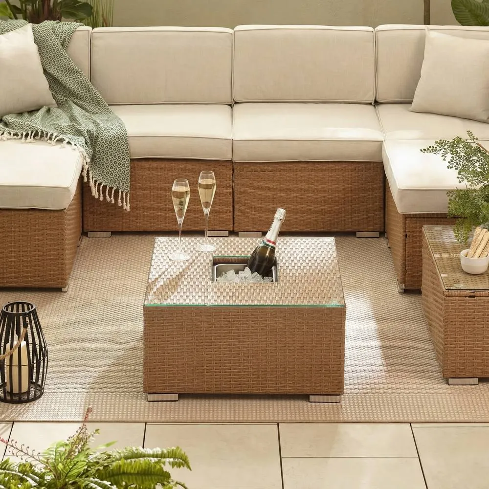 FurnitureboxUK Orlando Rattan Garden Coffee Table with Central Ice Bucket in Beige 3