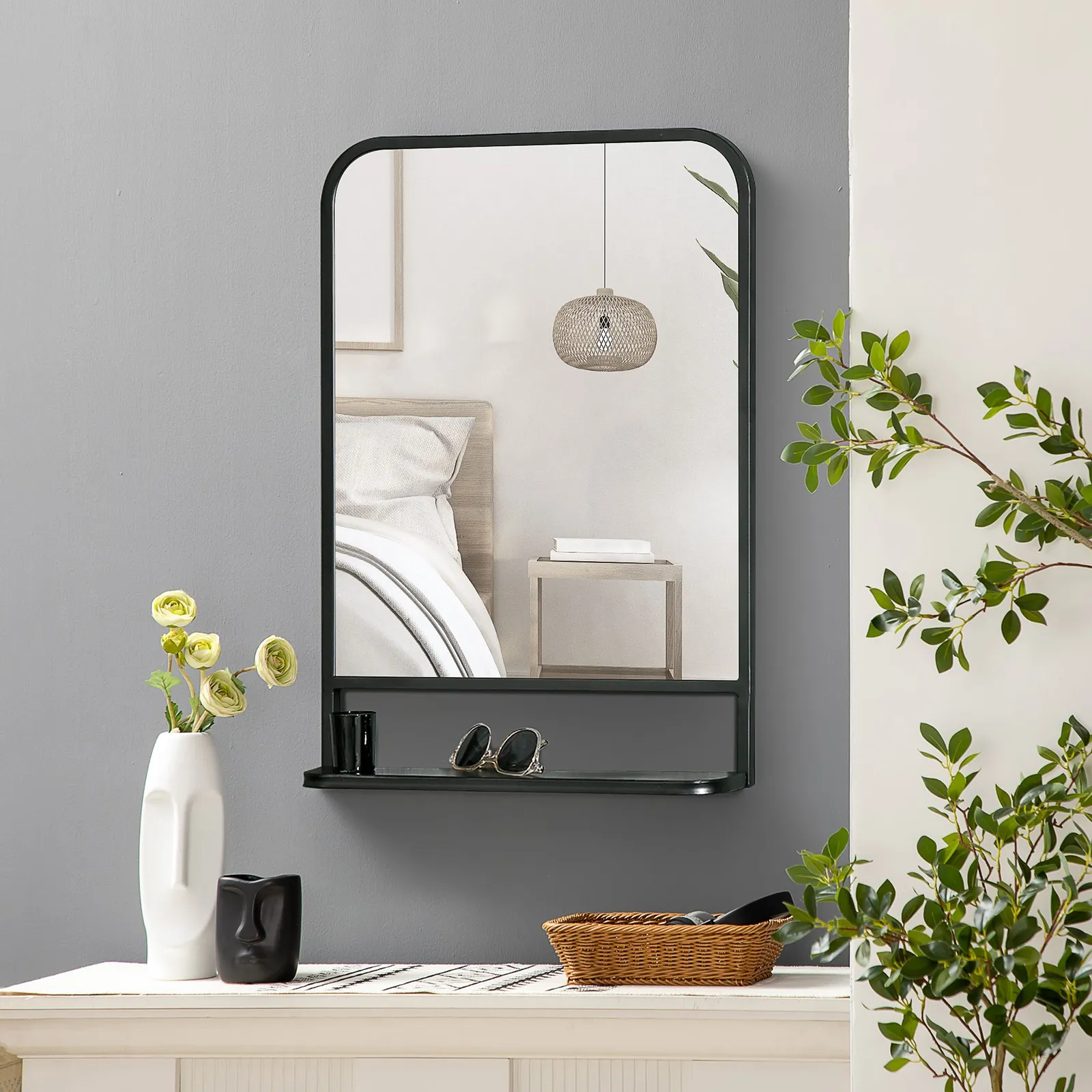 HOMCOM Square Wall Mirror with Shelf, 70x50 cm Modern Mirrors for Living Room, Bedroom in Black 6