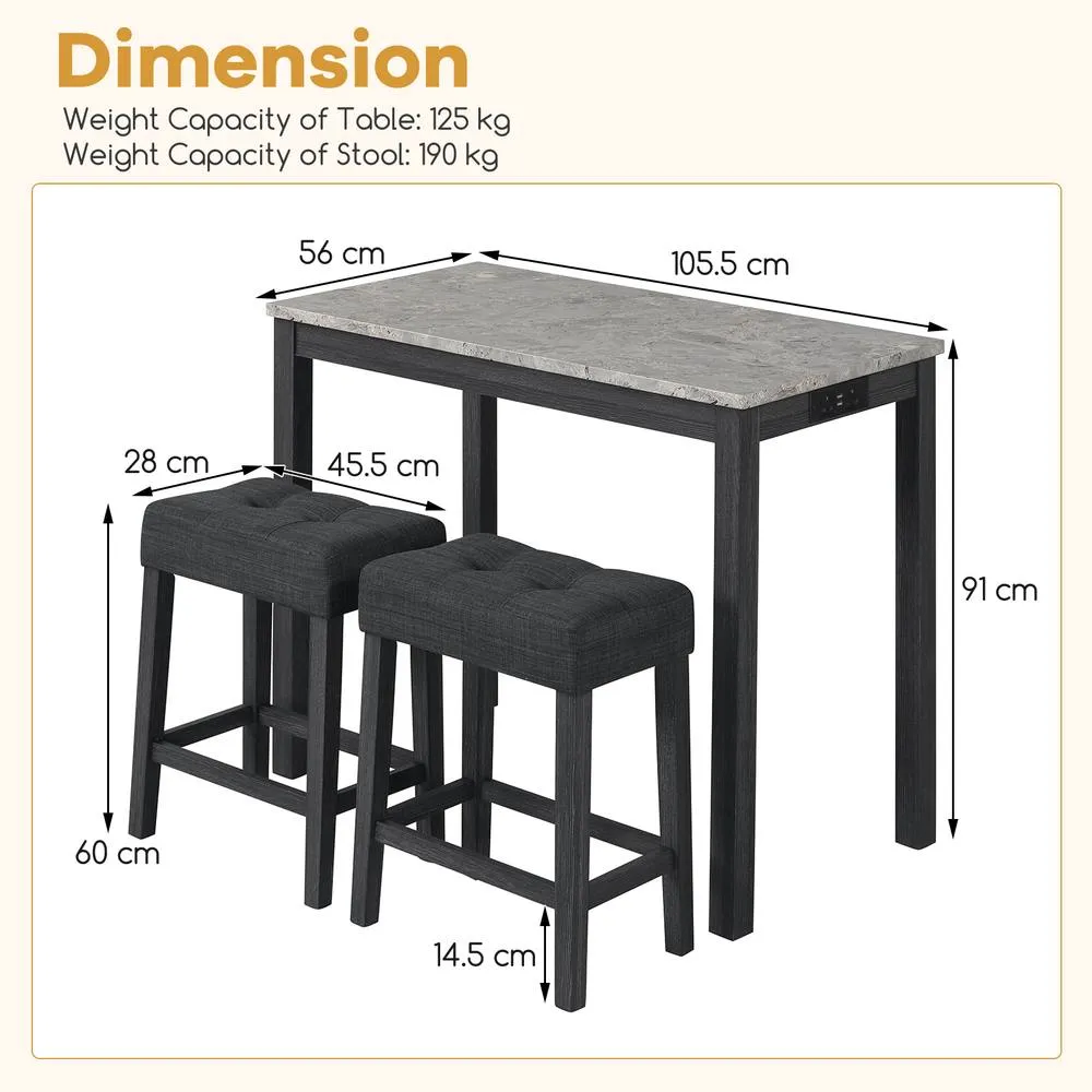 Costway 3PCS Bar Table Set w/ Charging Station Modern Pub Table w/ 2 Stools in Grey 3