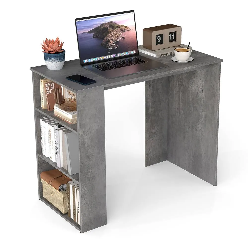 Costway Computer Desk 90cm Study Desk Wooden Writing Desk w/Bookshelf in Grey 3