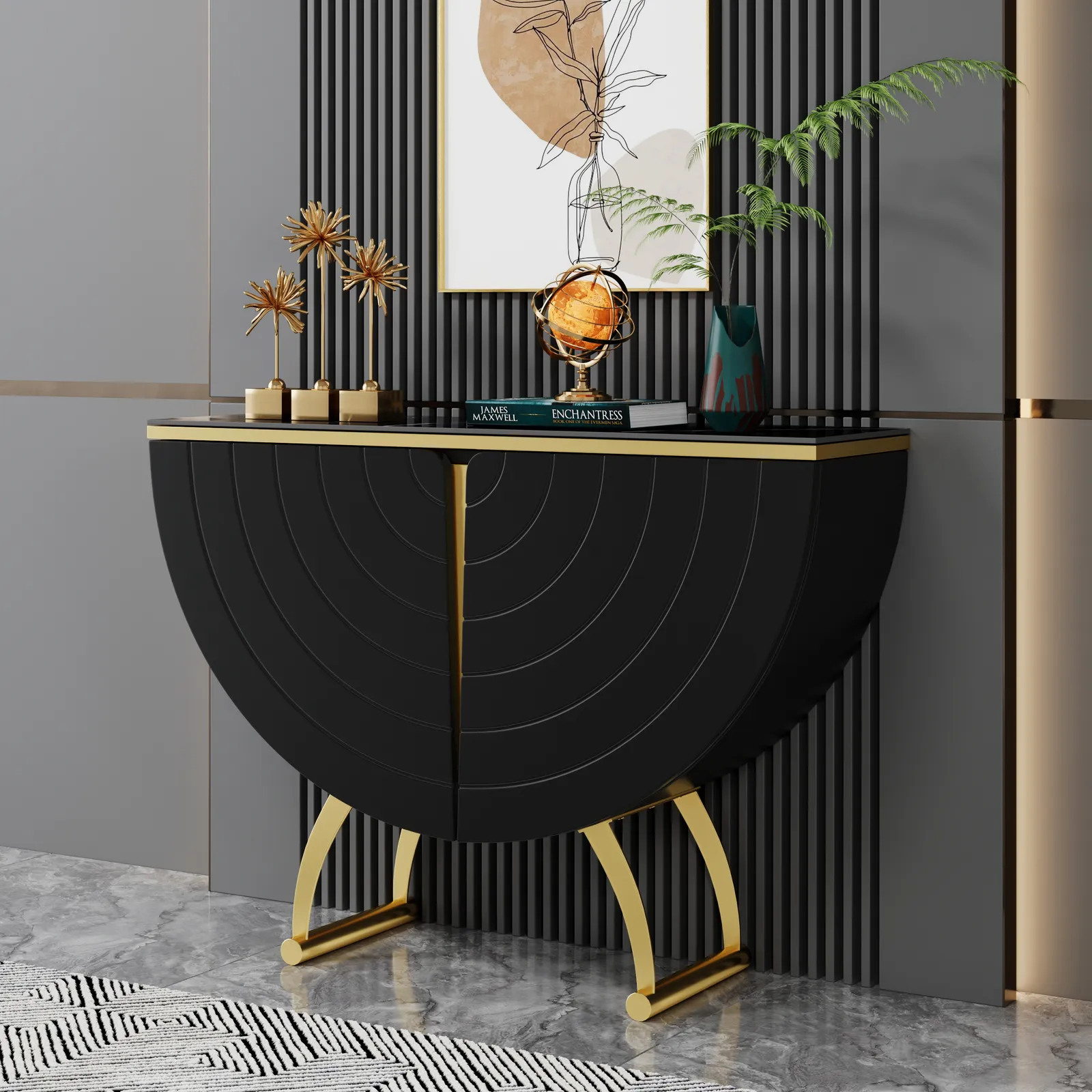 Modern Gold Console Table Sintered Stone Top Entryway Storage Cabinet with Doors
