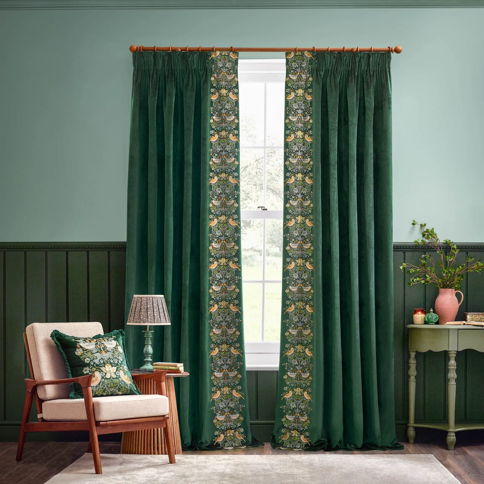 Morris & Co Strawberry Thief Embroidered Velvet Room Darkening Pencil Pleat Curtain Pair in Green 2