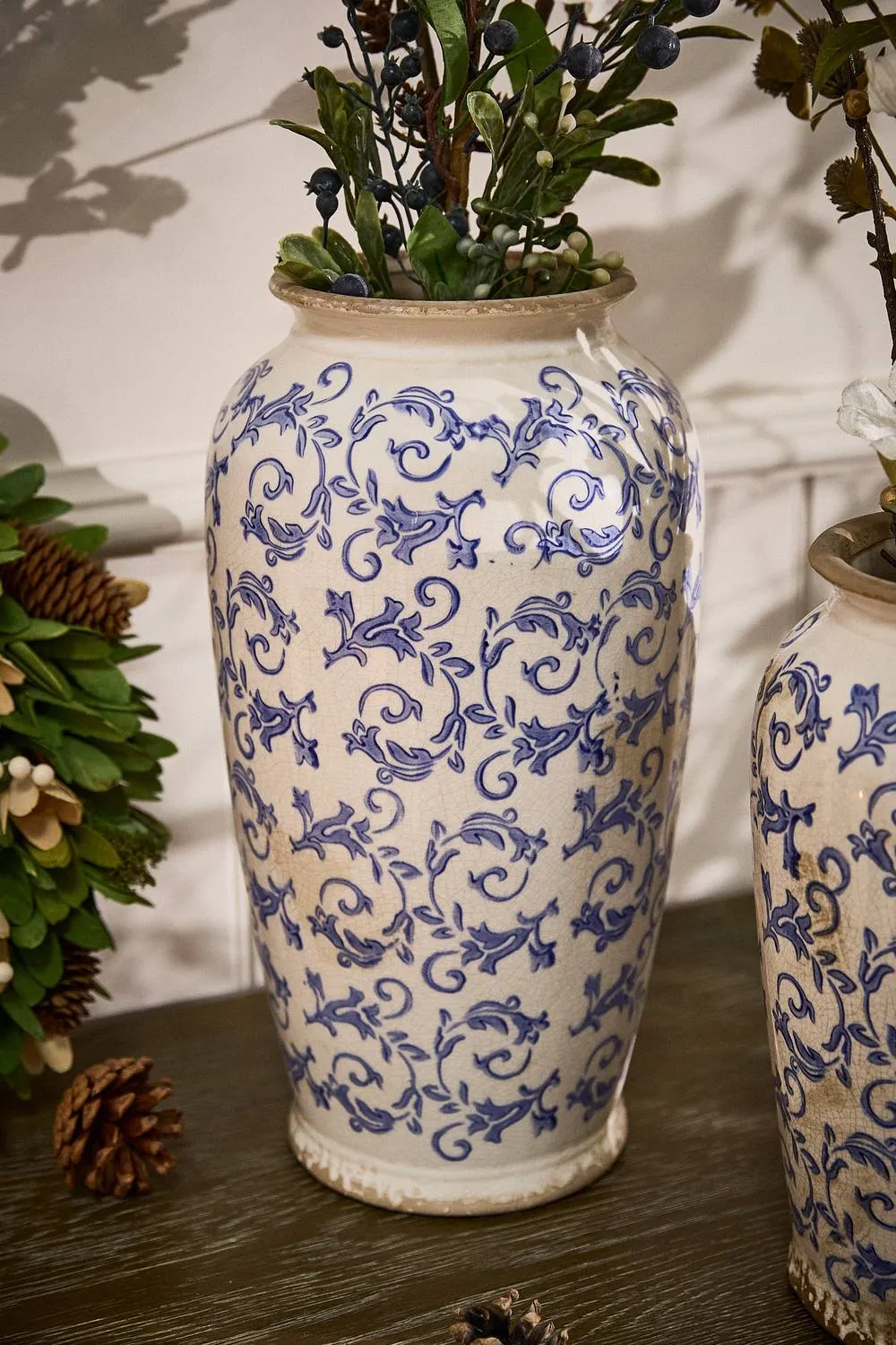 Dibor Vintage Solene Blue Large Botanical Flower Urn Vase H37 x Dia19cm in Cream