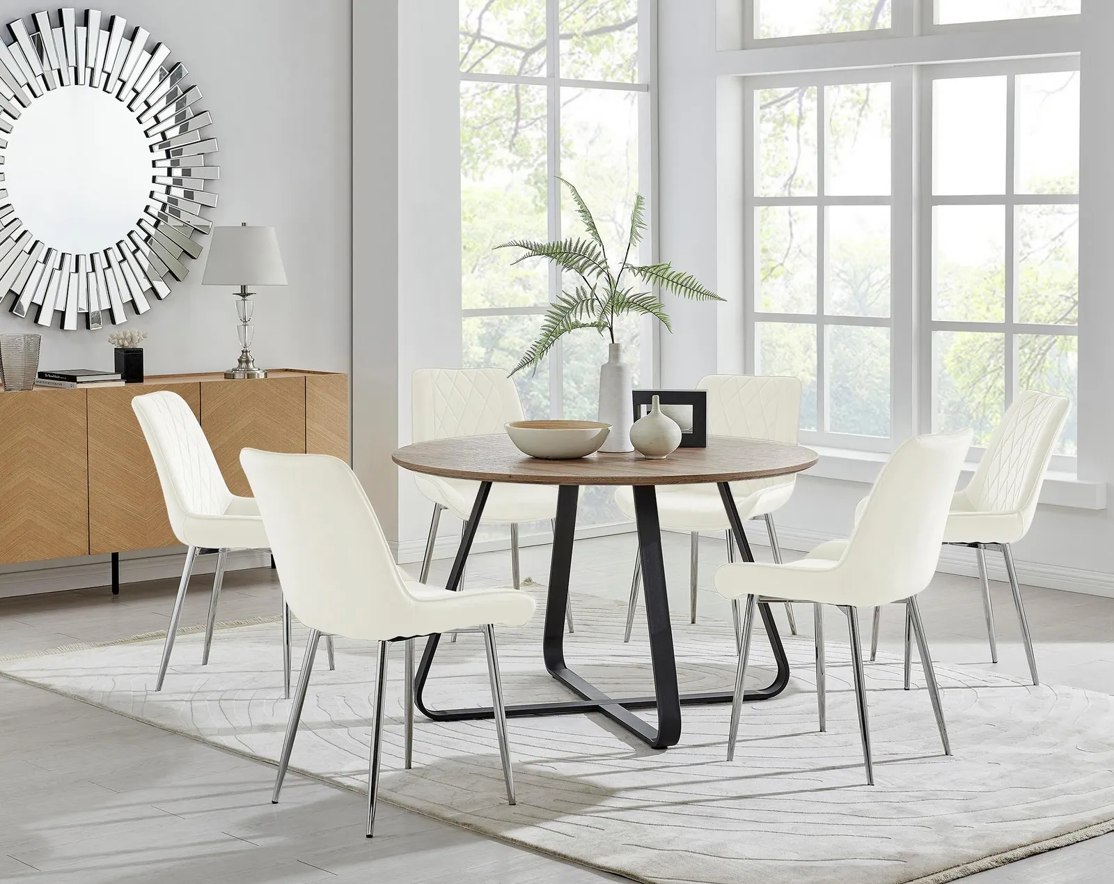 FurnitureboxUK Santorini Brown Round Dining Table & 4/6 Pesaro Silver Leg Chairs in Cream 1