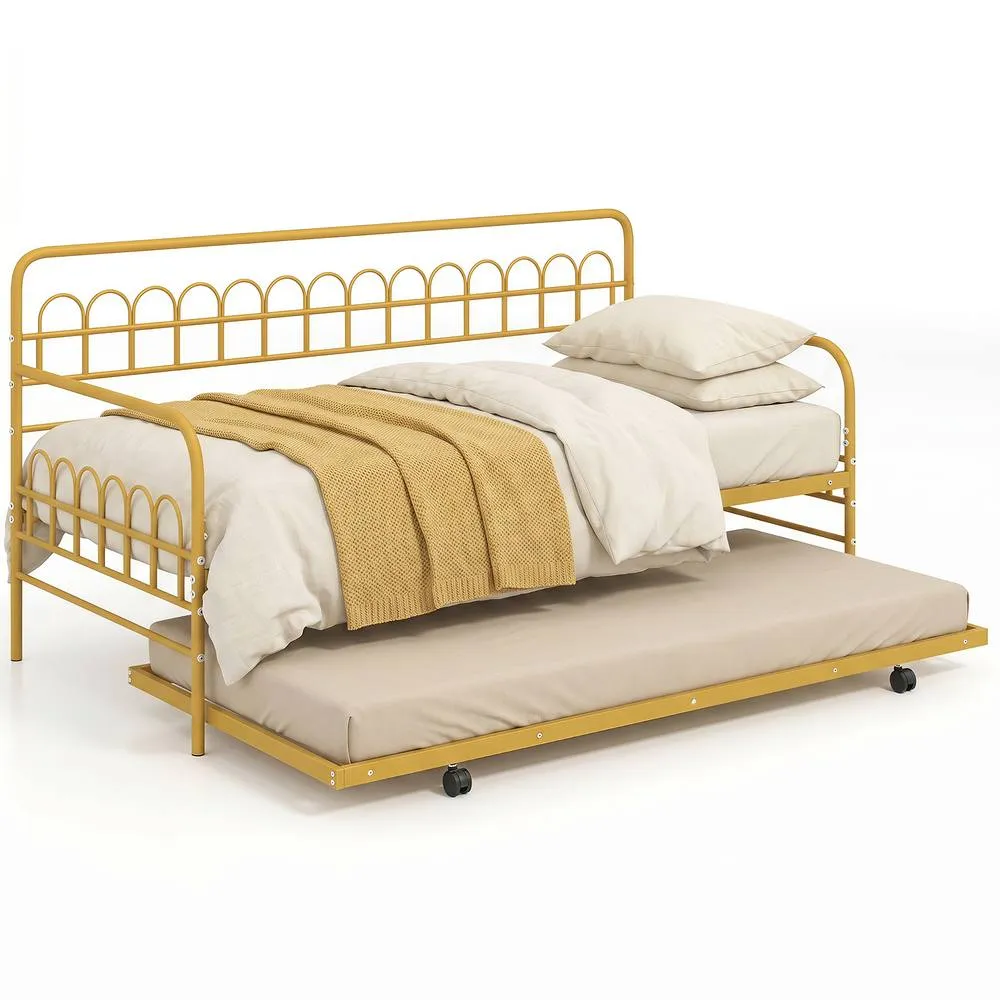 Costway Single Daybed with Trundle Metal Sofa Bed w/Curved Backrest in Gold