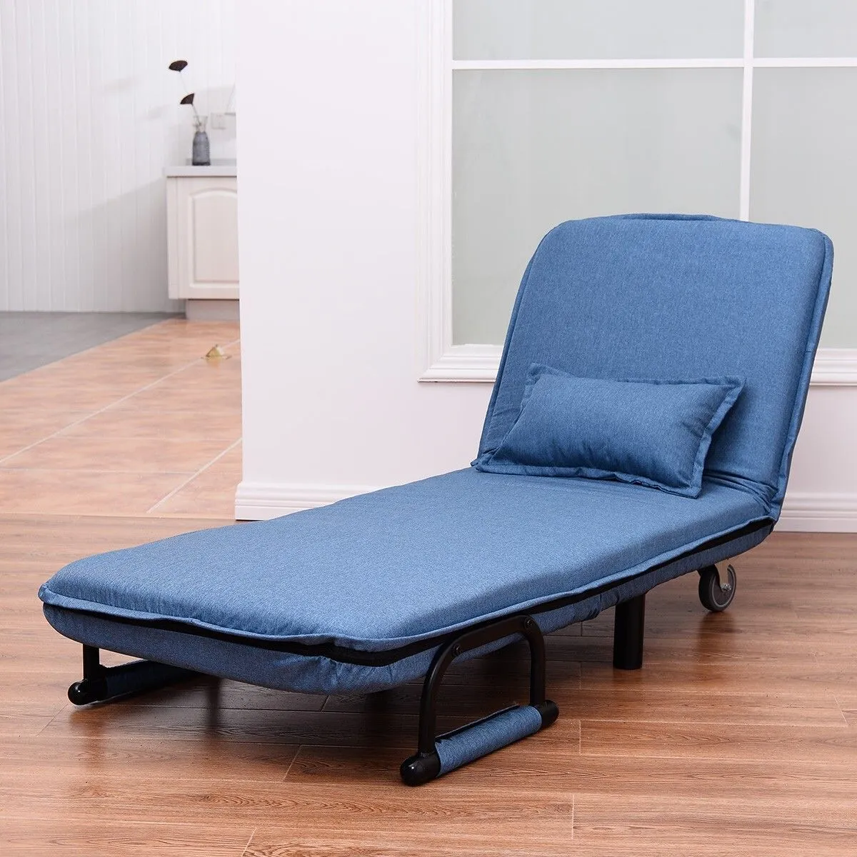 Costway Single Folding Sofa Bed Chair Modern Fabric Sleep Function Holder With Pillow in Blue 2