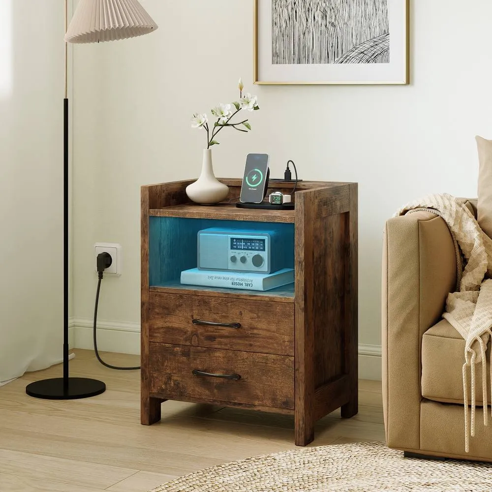 Costway LED Bedside Table with 2 Drawers Sofa Side Table with Power Outlets in Brown 3