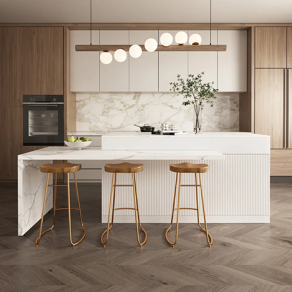 205 - 270 cm Kitchen Islands Extendable Marble Pattern Top White Modern with Doors & Drawers