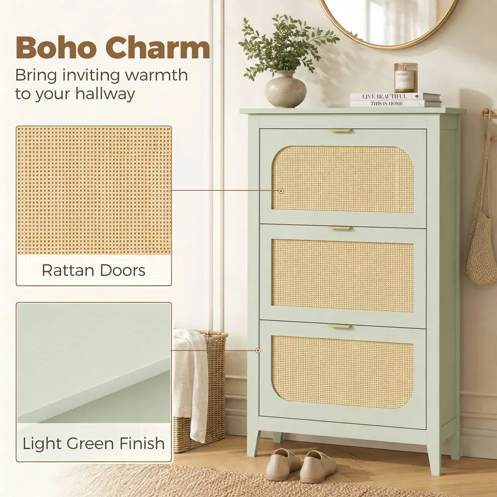 HOMCOM Boho Slim Shoe Cabinet with Rattan Doors, Holds 21 Pairs, Green in Light Green 4