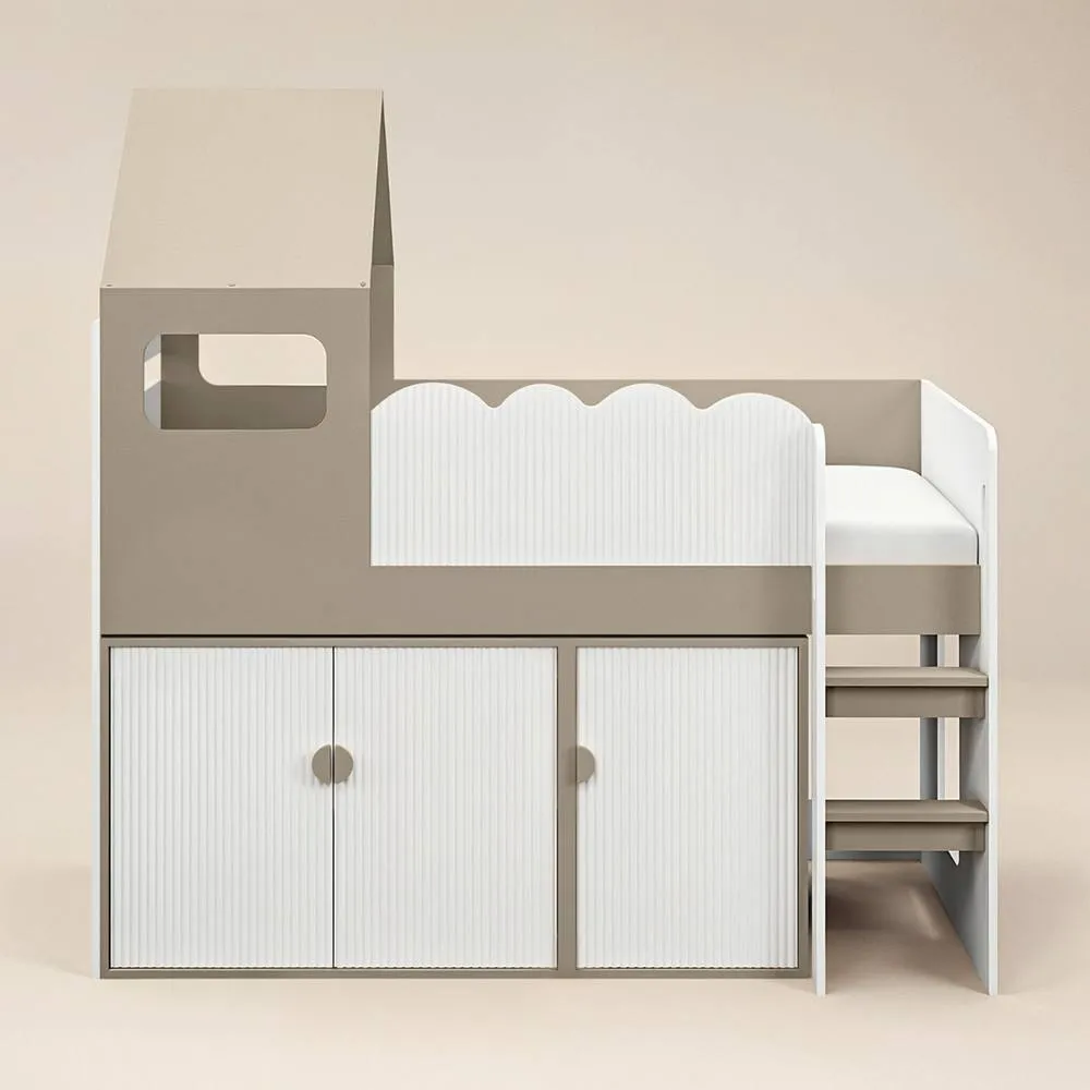 Flair Calista Ribbed House Mid Sleeper Bed with Storage White & Taupe 4
