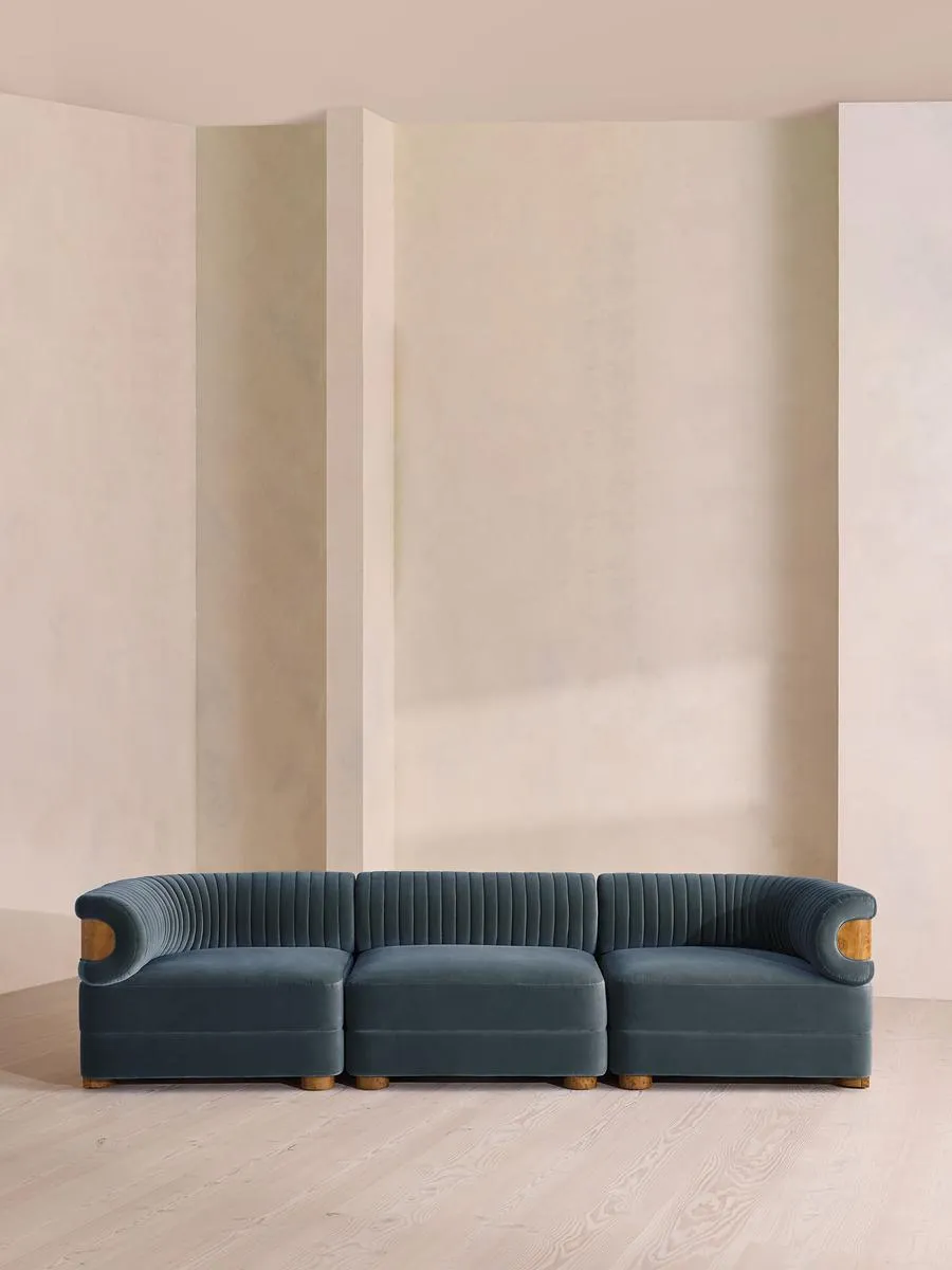Caleb Modular Four Seater Sofa, Velvet, Grey Blue, Dark Burl