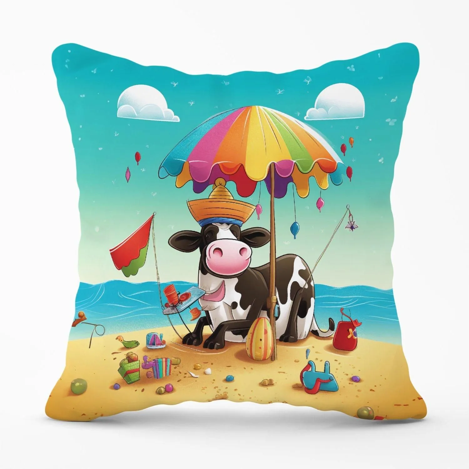 Warren Reed - Designer Cow On A Beach Holiday Outdoor Cushion in Yellow
