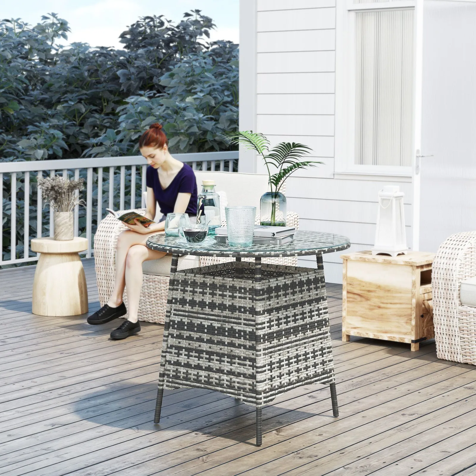OUTSUNNY Wicker Garden Rattan Table with Umbrella Hole & Tempered Glass Top in Grey
