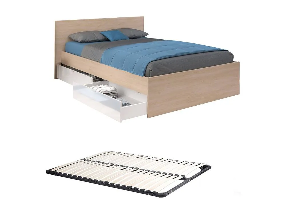 Vente-unique Bed With 2 Drawers 140 X 190 Cm - Colours: Natural & Shiny White + in Light Oak 2