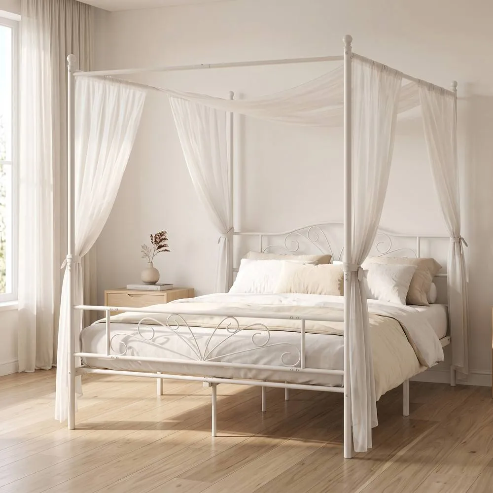 HOMCOM Canopy Bed Frame Double Size, Metal Platform Bed Frame, White 2