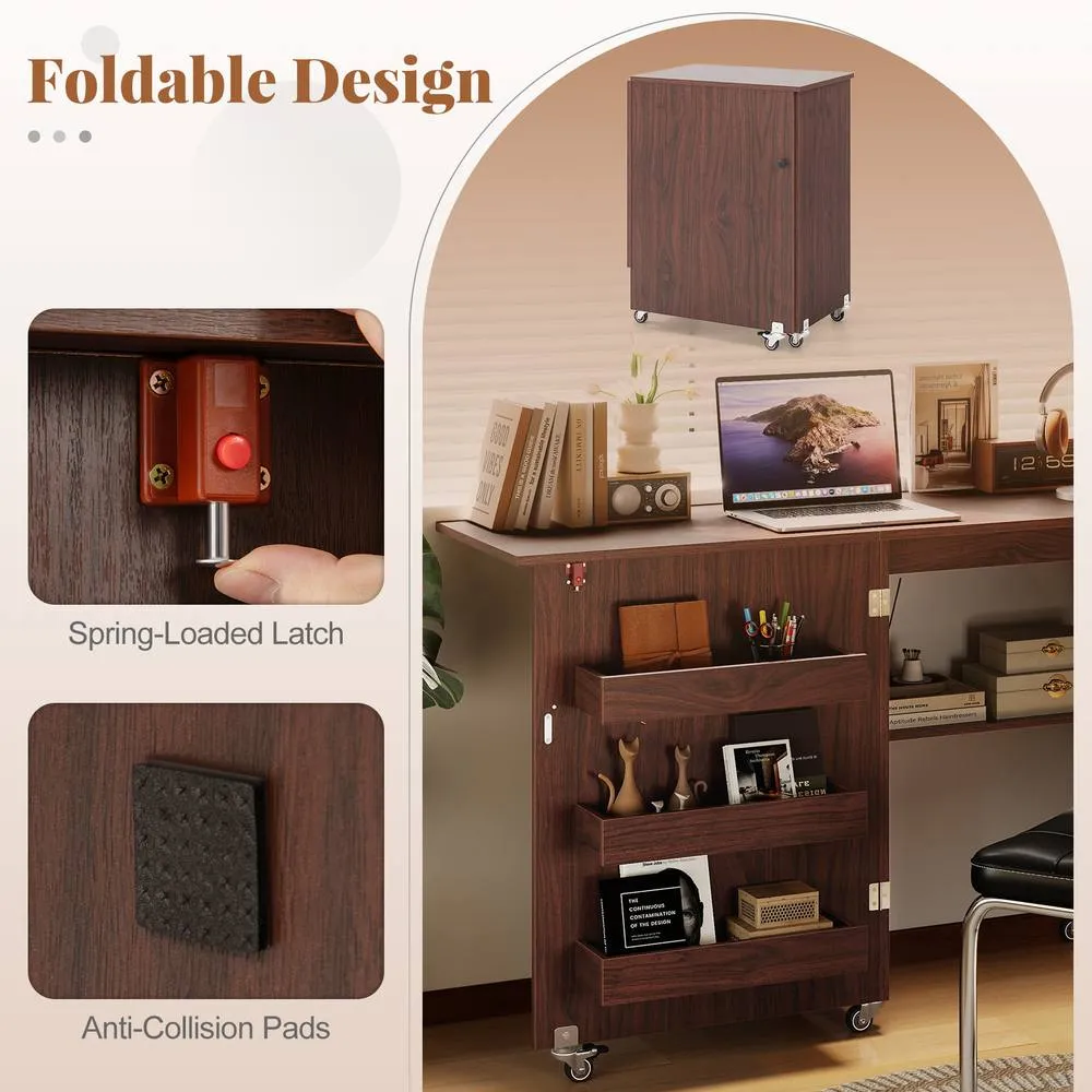 Costway Folding Sewing Table Craft Station w/ Storage Shelf 3 Hidden Bins in Brown 5