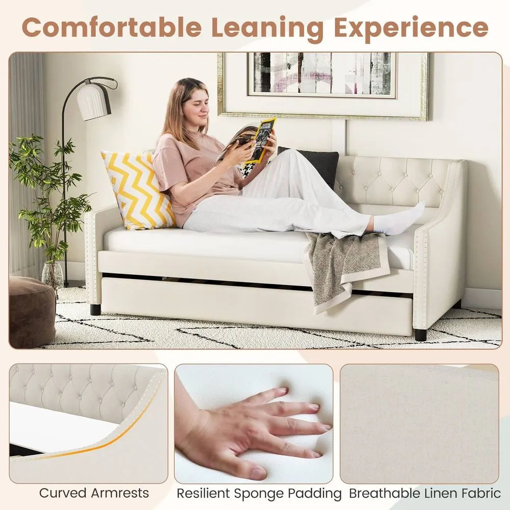 Costway Linen Upholstered Daybed Single Size Trundle Bed Sofa Bed Frame in Beige 6