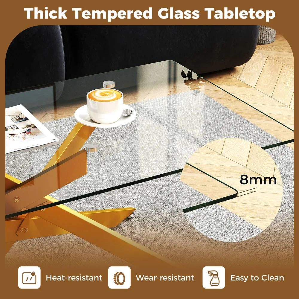 Costway Modern Glass Coffee Table Rectangle Center Cocktail Table Side Table in Gold 2