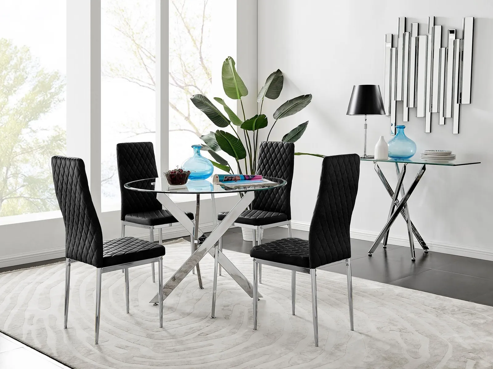 FurnitureboxUK Novara 100cm Round Dining Table & 4 Velvet Milan Chairs in Black