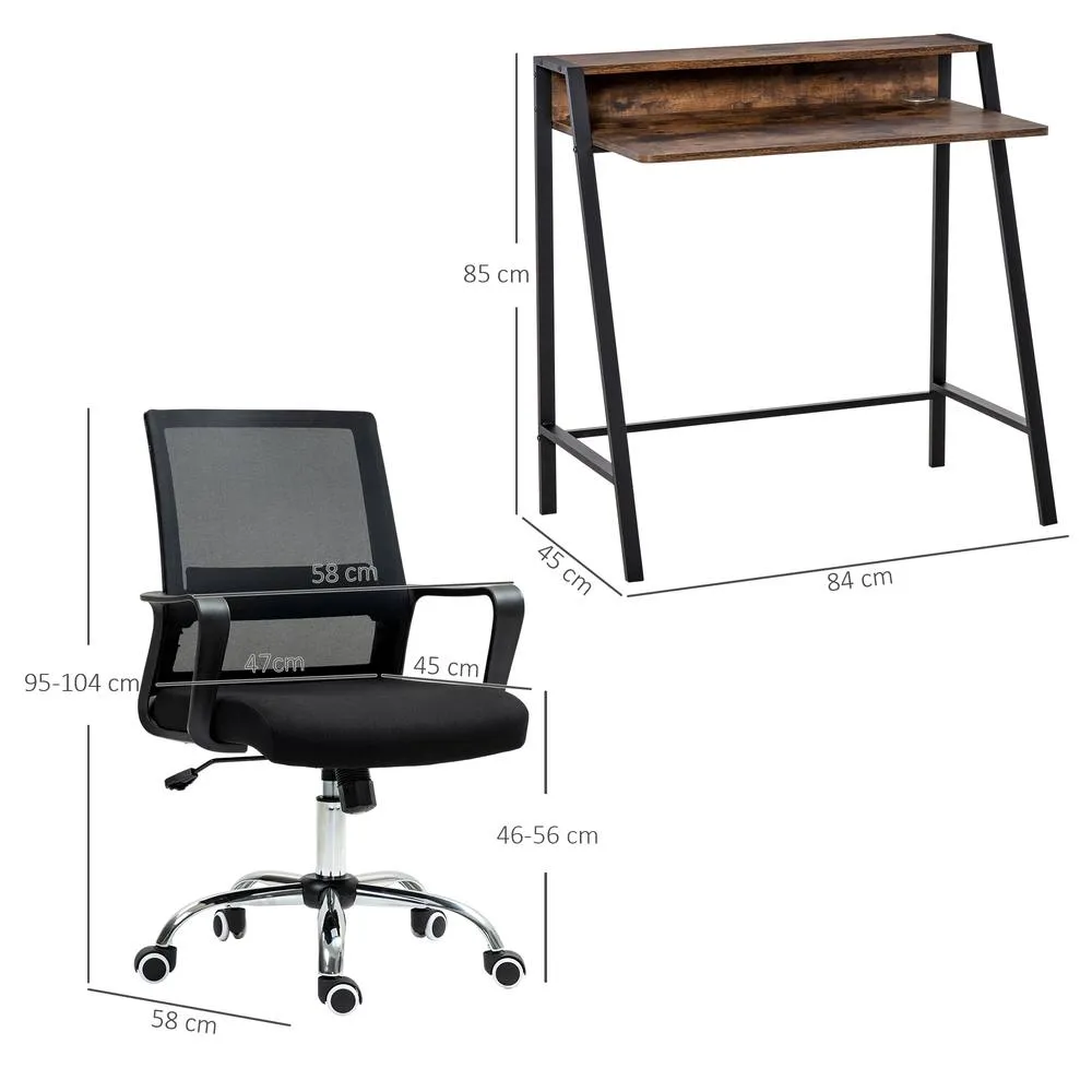 HOMCOM Mesh Chair & Study Desk with Storage Shelf, Rustic Brown & Grey 3