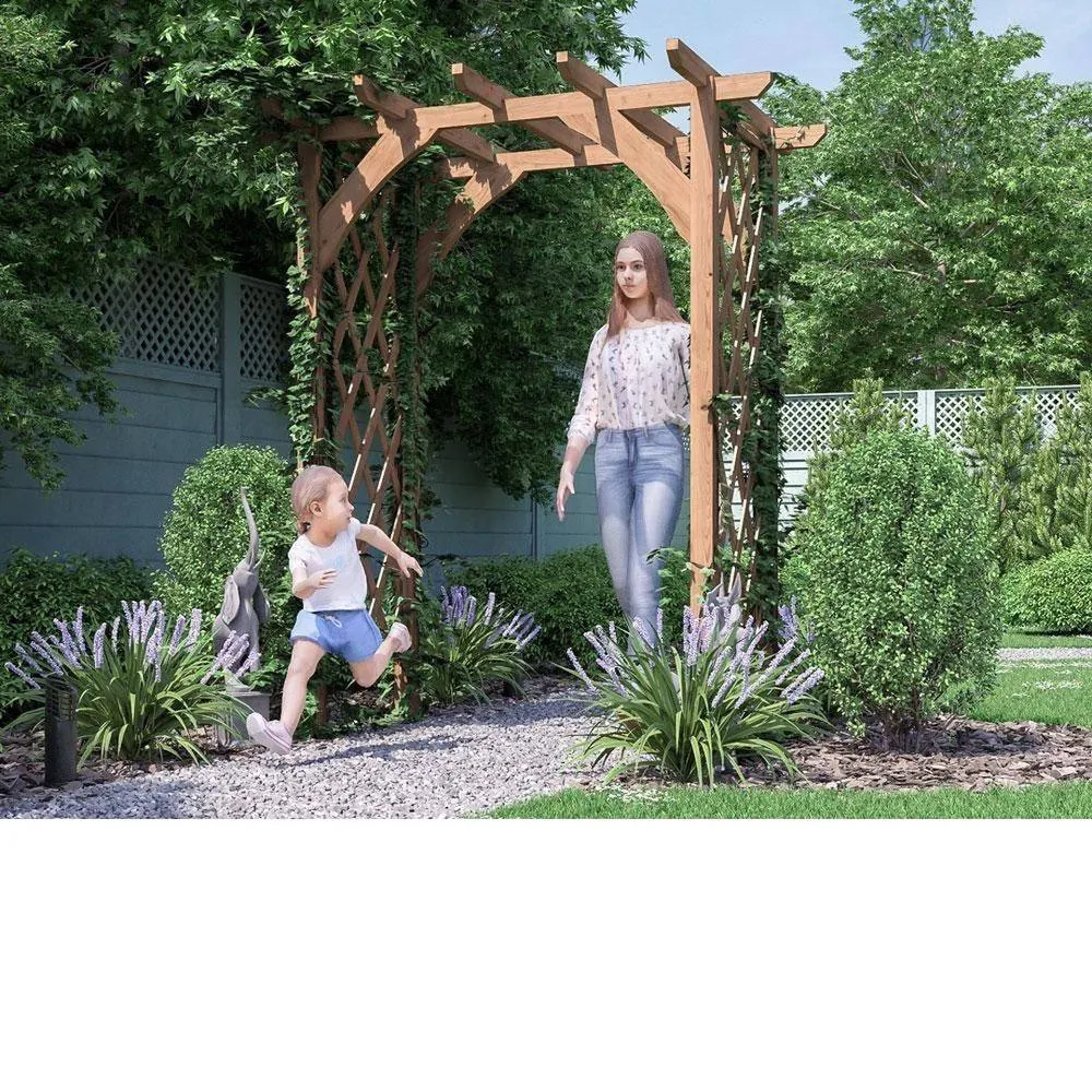 Dunster House Wooden Corner Pergola Arch with Trellis Lattice 1.8m x 1.4m Jasmine in Brown 2
