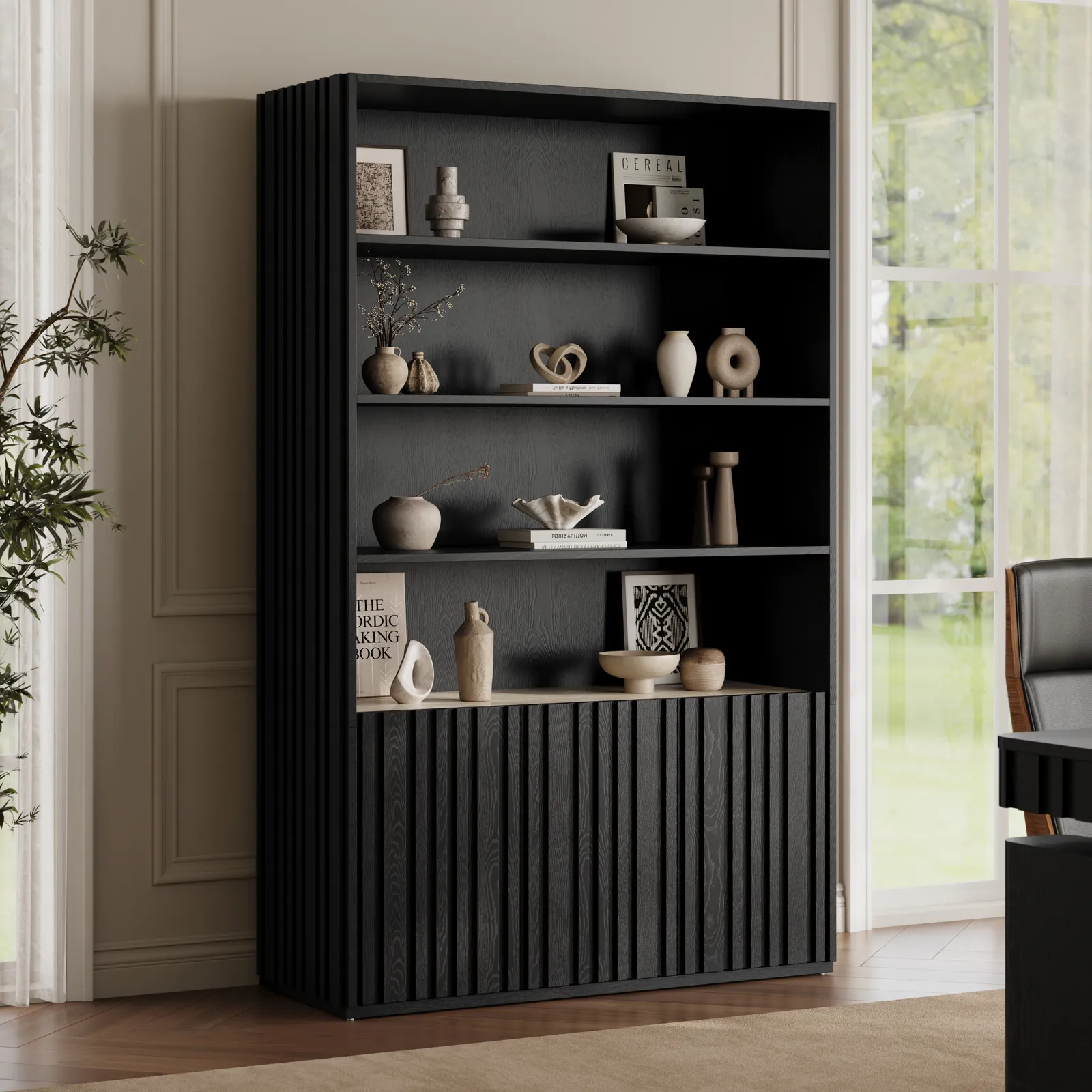 Aura 120cm Ash Wood Fluted Bookcase With Sintered Stone Top