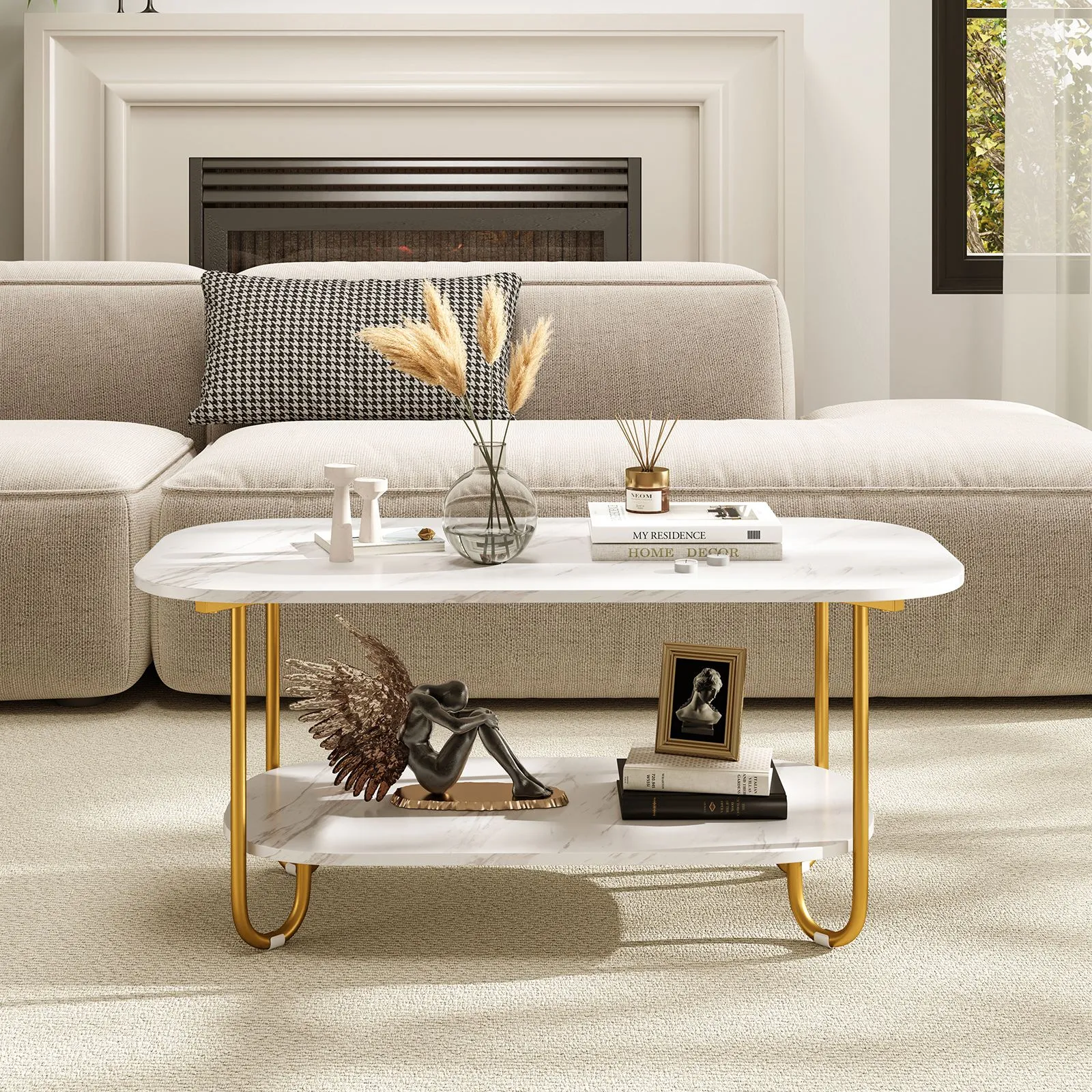 Costway Faux Marble Top Coffee Table Office Modern 2-tier Tea Table-White in White 5