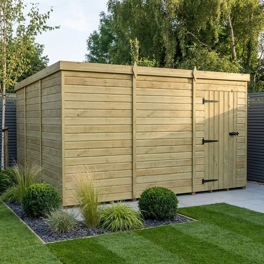 Buttercup Farm 12ft x 10ft Pent Garden Shed Single Door No Windows - Timber in Brown 2