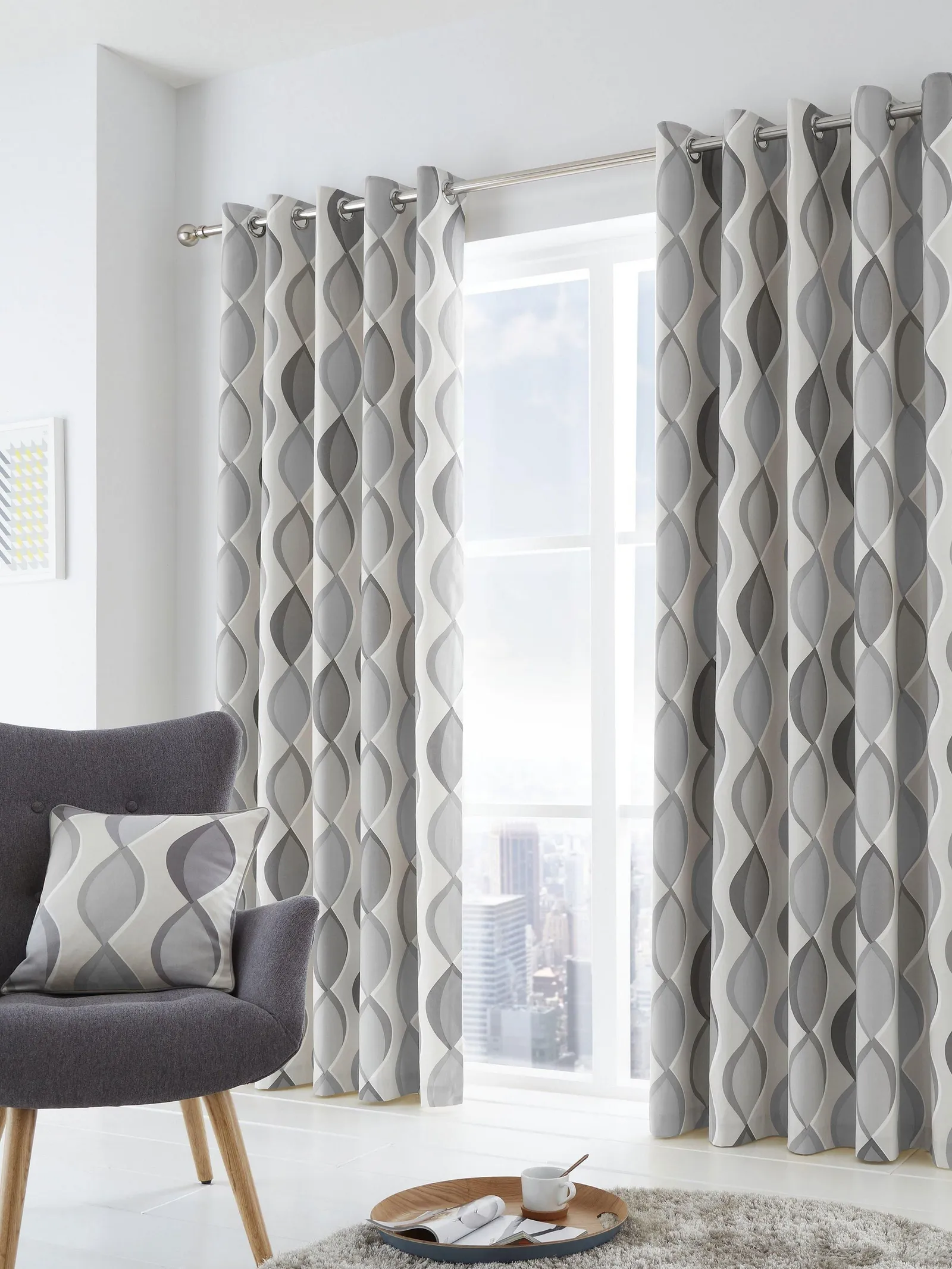 Fusion 'Lennox' Modern Geo Print Eyelet Curtains in Grey 4