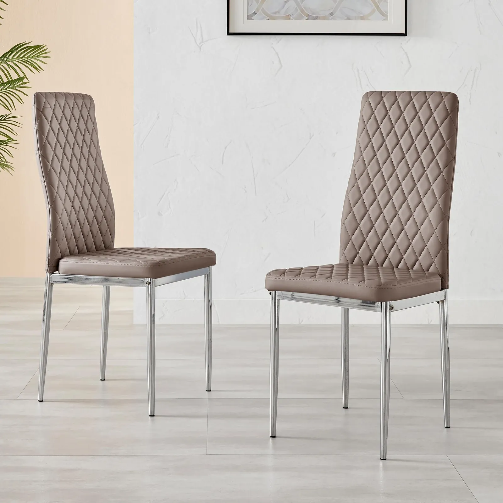 FurnitureboxUK Set of 6 Milan High Back Soft Touch Diamond Pattern Faux Leather Dining Chairs With Silver Chrome Metal Legs in Beige 2