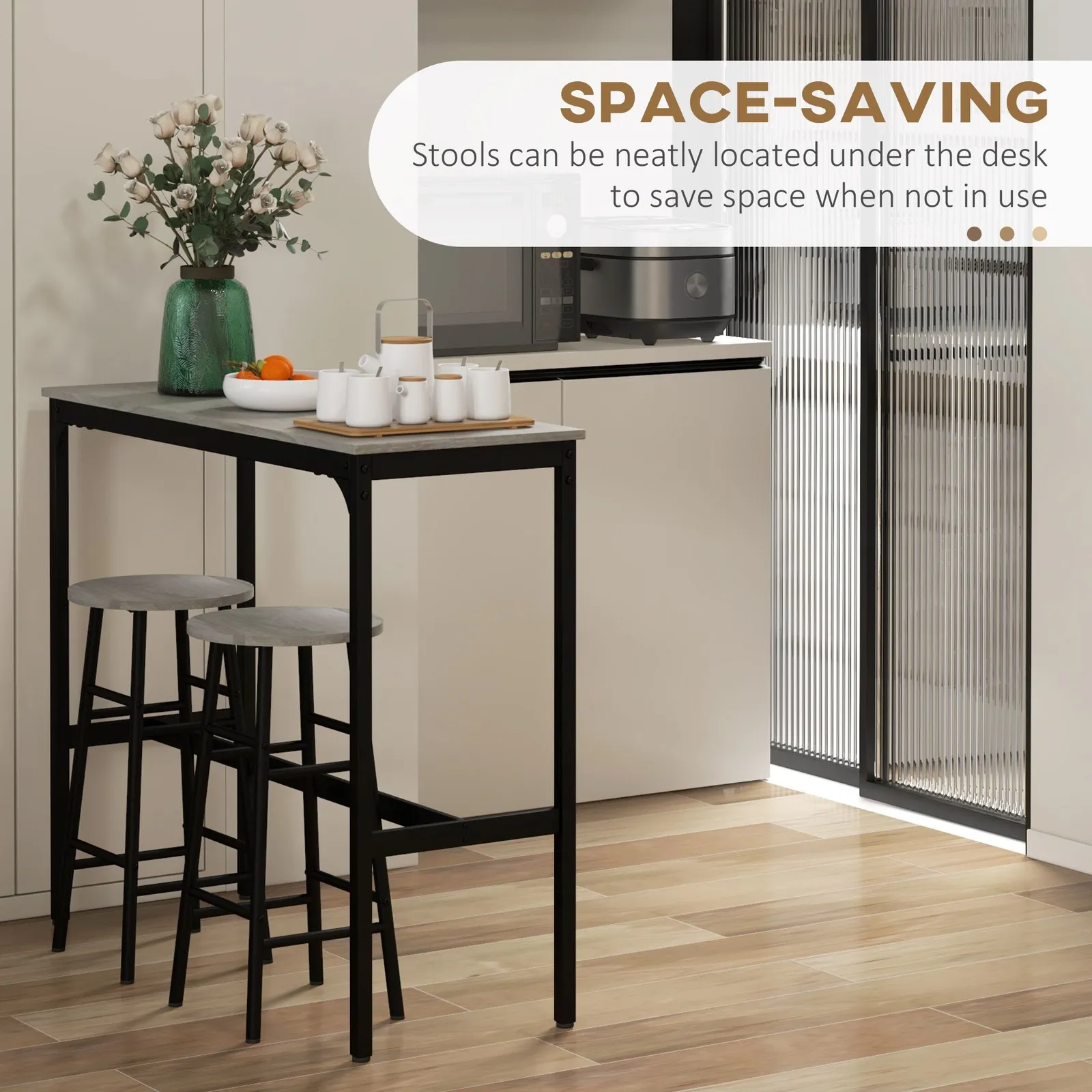 HOMCOM 3 Piece Bar Set with 2 Stools, Industrial Kitchen & Chair Set Grey 6