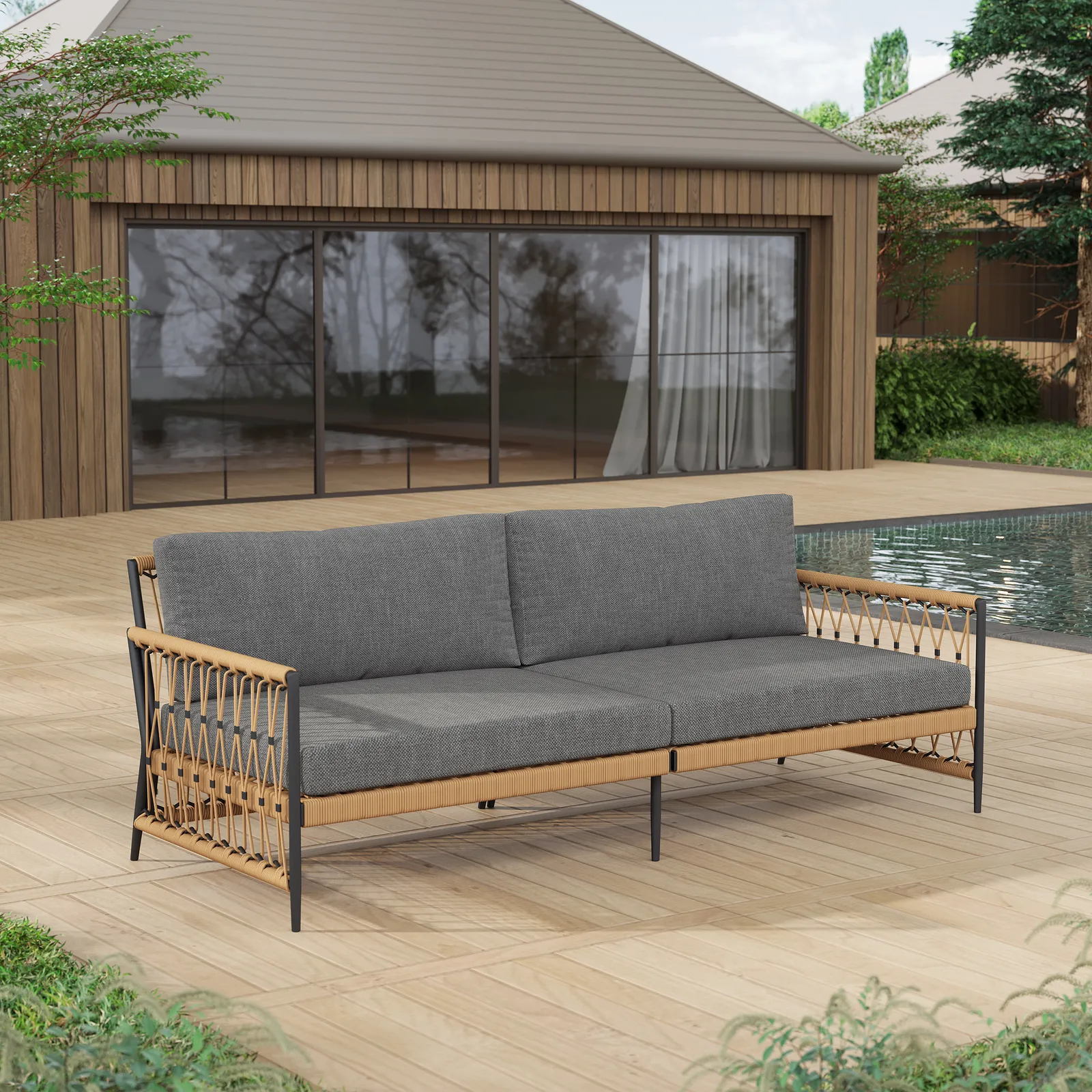 Ropipe Woven Rope Outdoor Sofa 3-Seater Sofa with Dark Gray Polyester Pillow Cushion