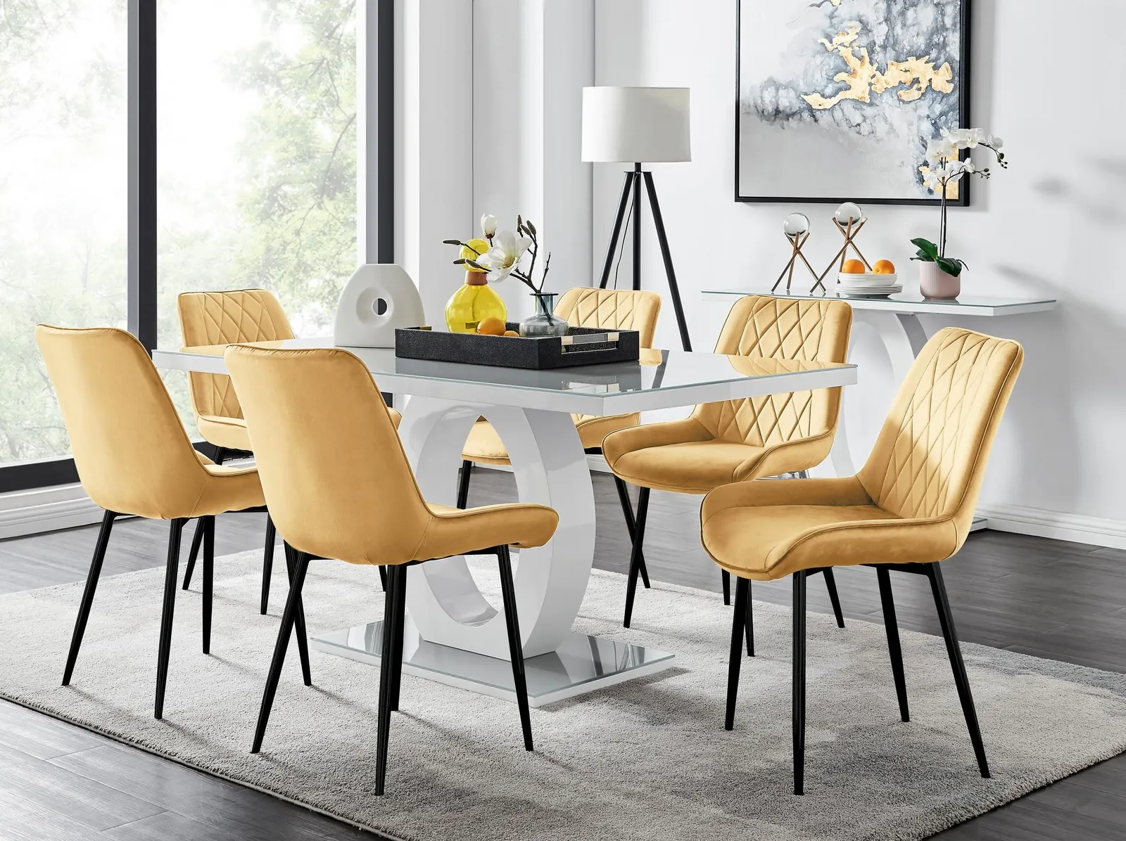FurnitureboxUK Giovani 6-Seater Grey Glass Dining Table & 6 Pesaro Soft Velvet Dining Chairs in Mustard 1