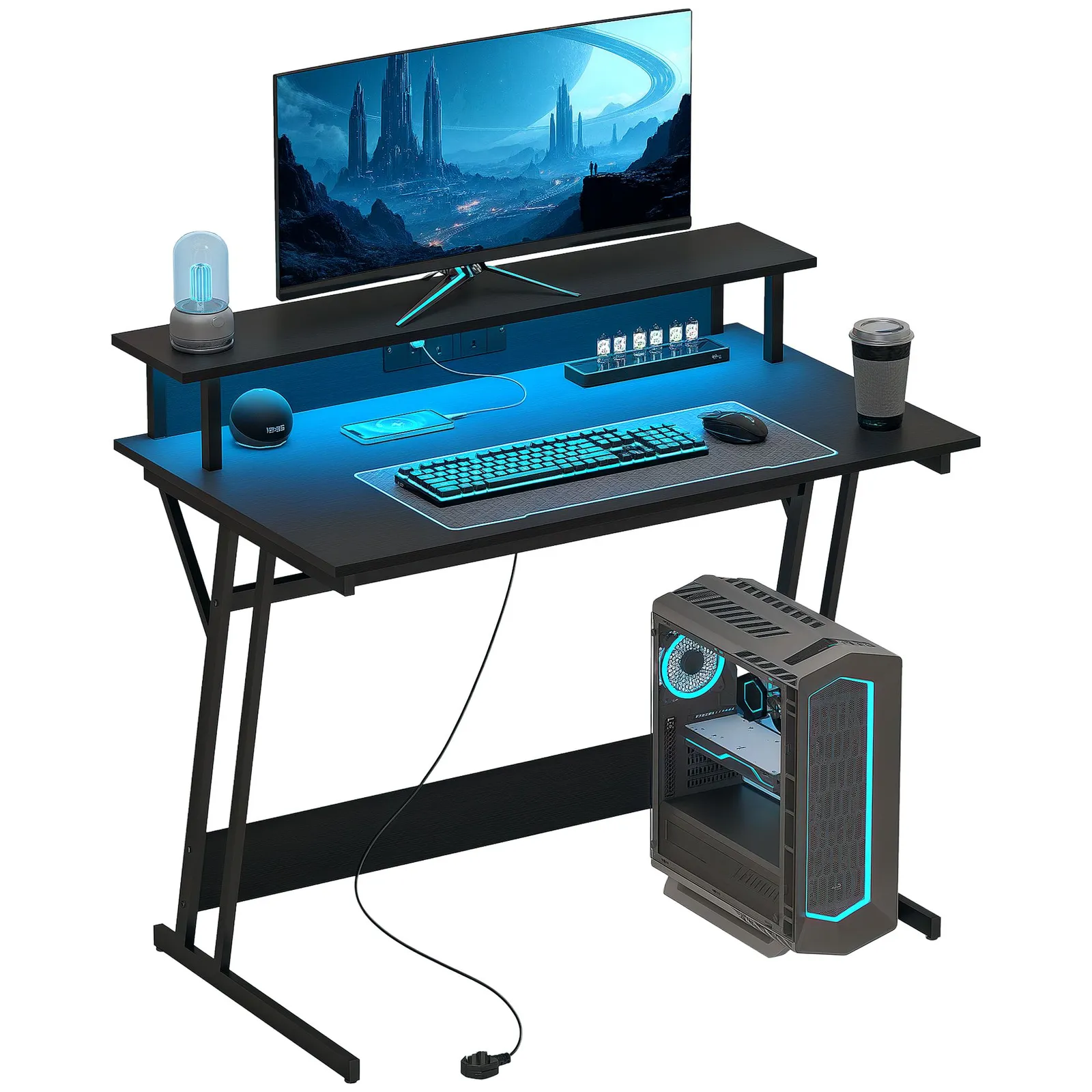 HOMCOM LED Gaming Desk with Power Outlets & Monitor Stand 100 x 60cm Black 2