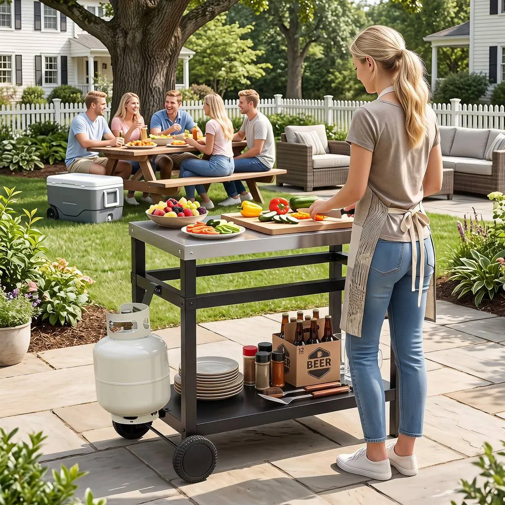 Costway Stainless Steel Grill Table 85 x 50 cm Double Shelf in Black 3