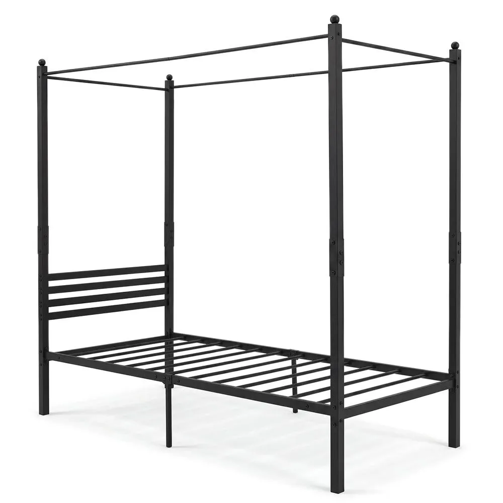 Costway Single Size Canopy Bed Frame 200x140cm Metal Platform Bed w/ Headboard in Black