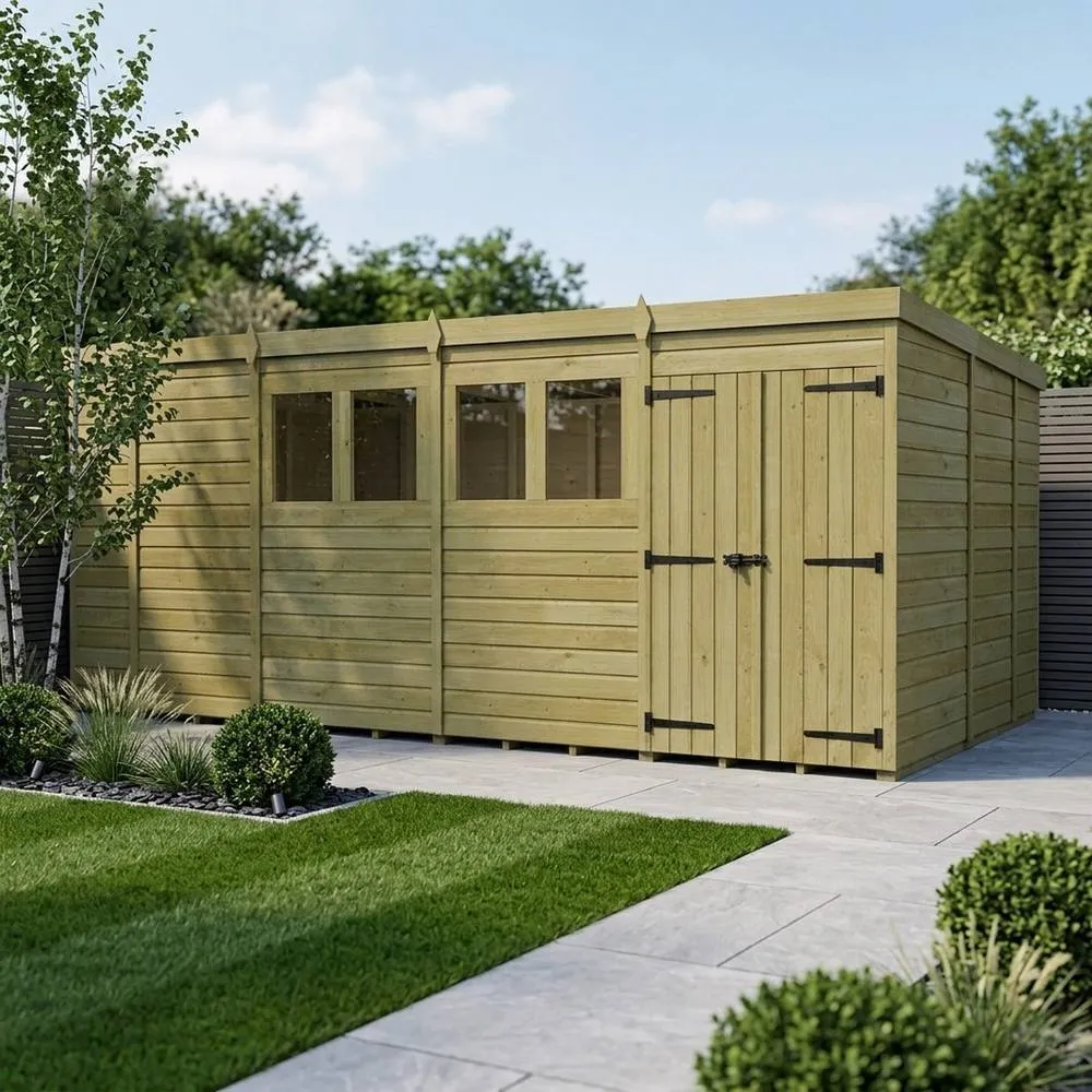 Buttercup Farm 17ft x 9ft Pent Garden Shed Double Door With Windows - Timber in Brown 2