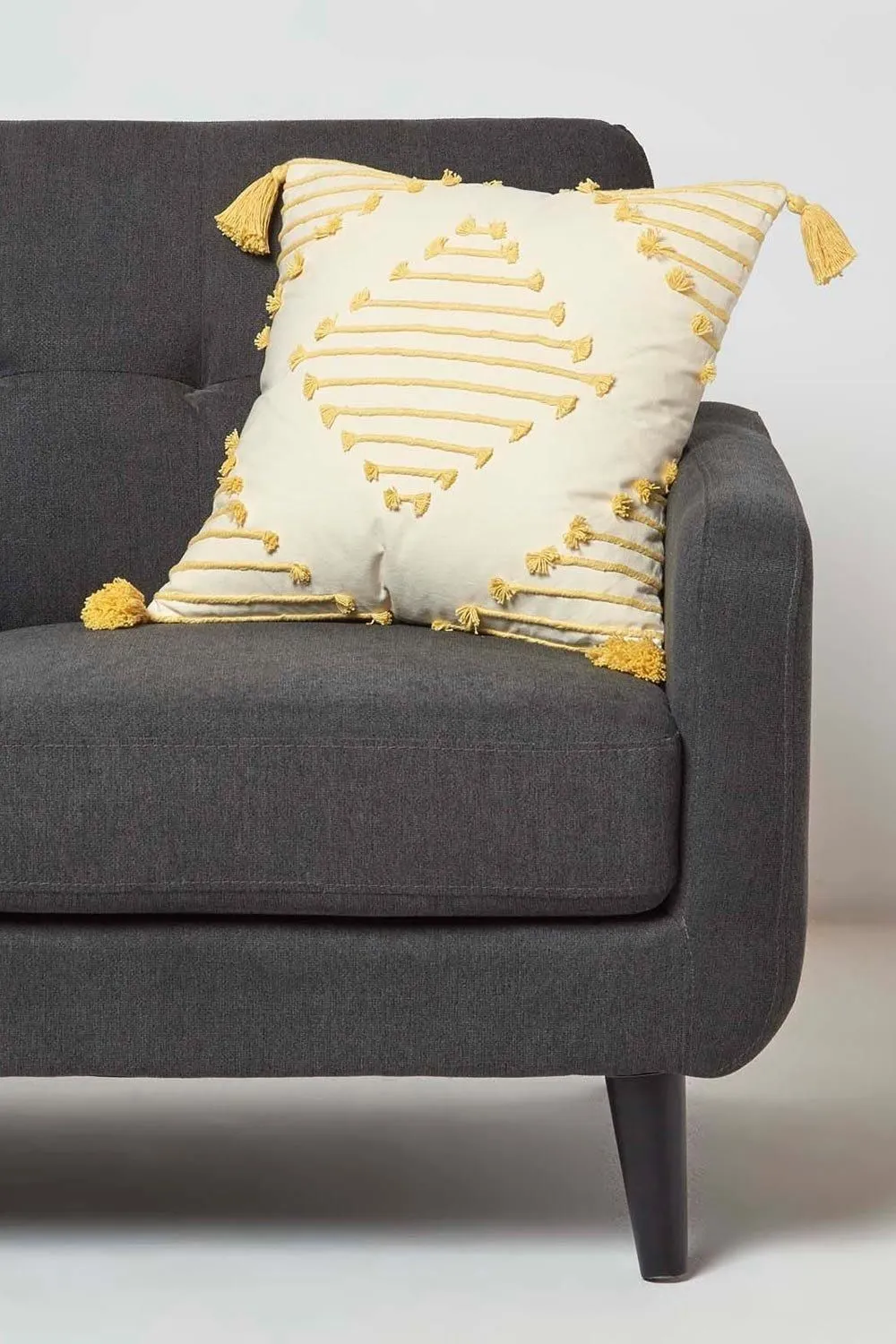 Homescapes Yellow Geometric Tassel Cotton Cushion 2