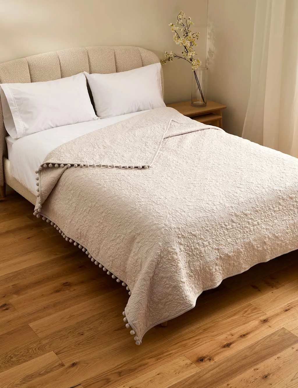 M&S Cotton Rich Embroidered Bedspread with Linen Light Grey